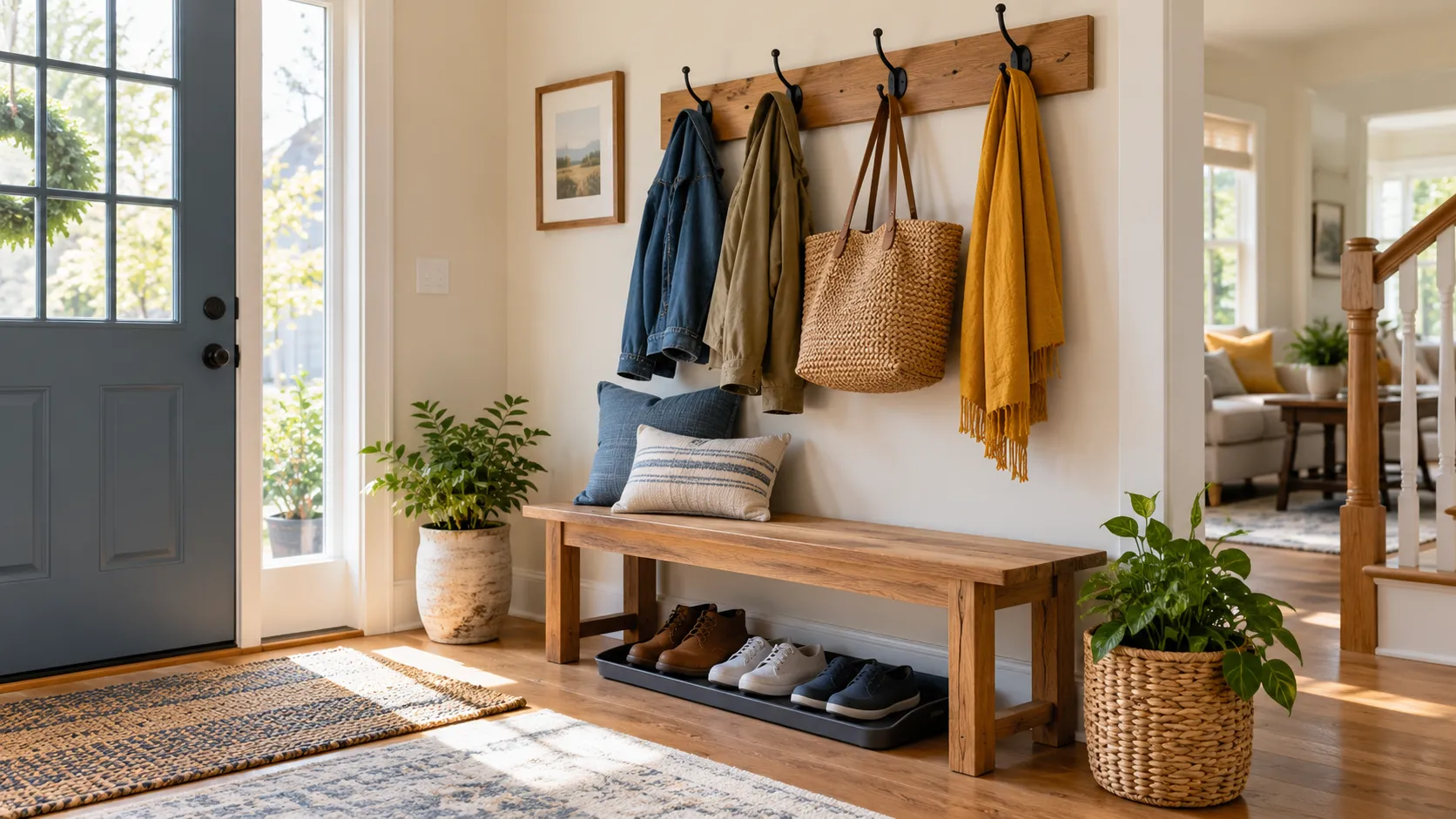 A tidy home entry with a wooden bench, coat hooks, and a clear shoe tray