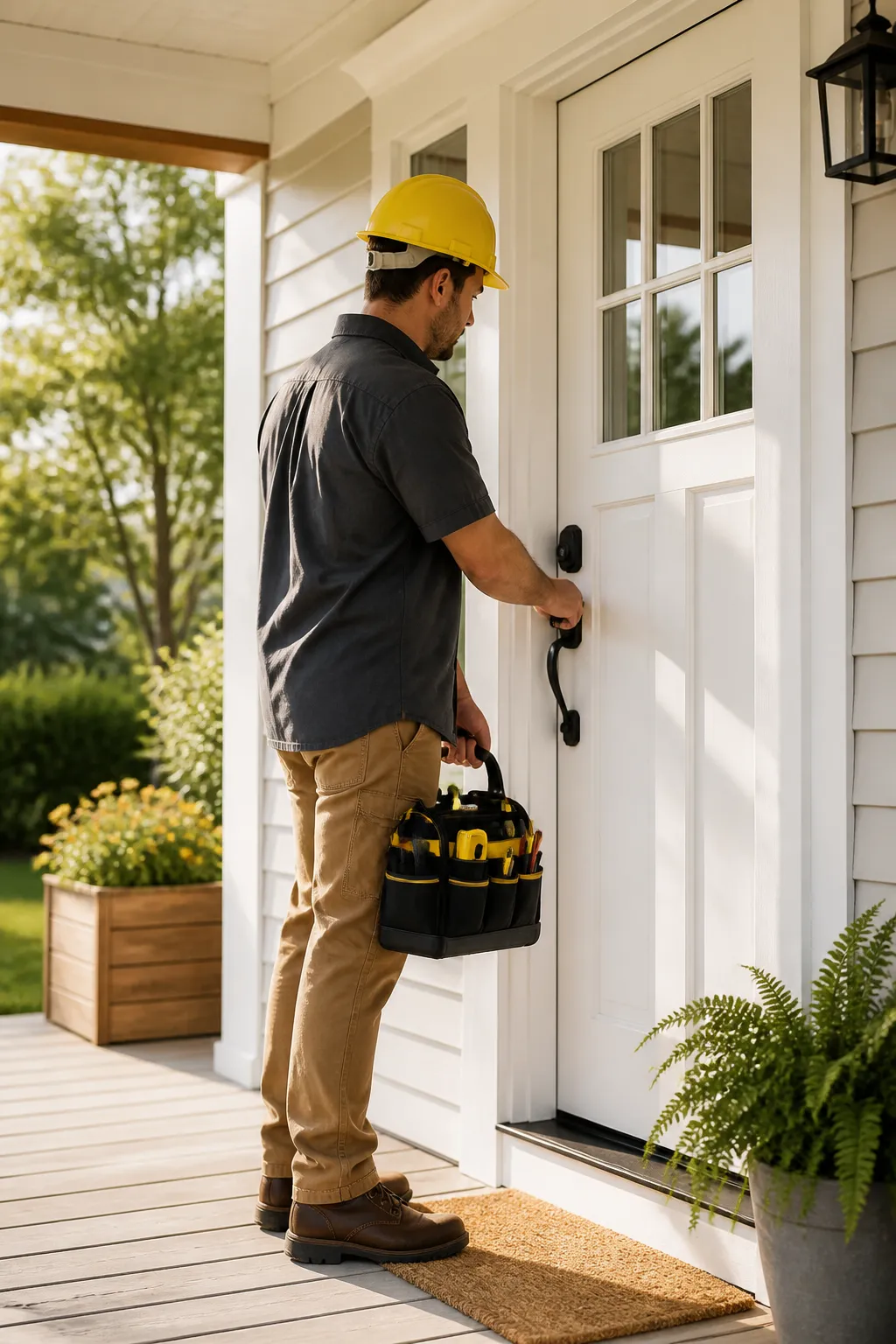 Professional handyman completing a front-door repair at a bright, well-kept home